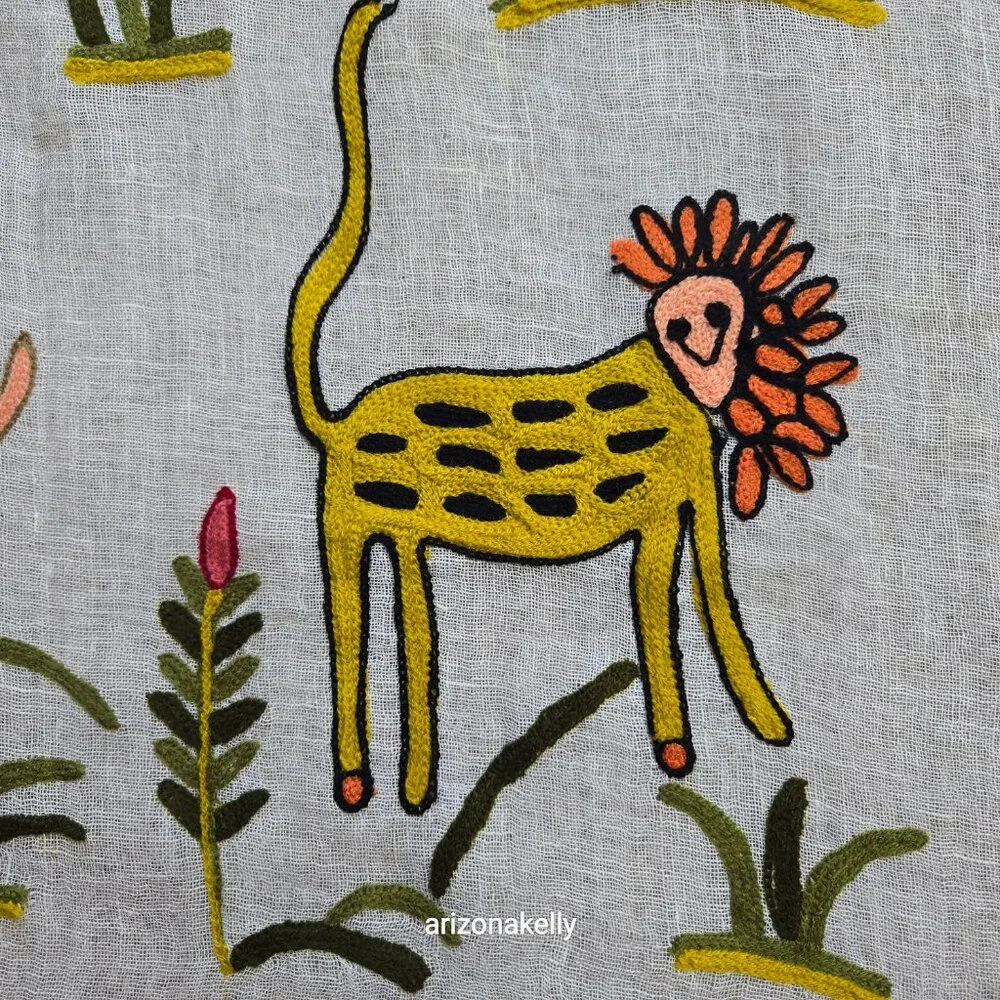 Tolani Linen Scarf Embroidered With Whimsical Animals and Plants